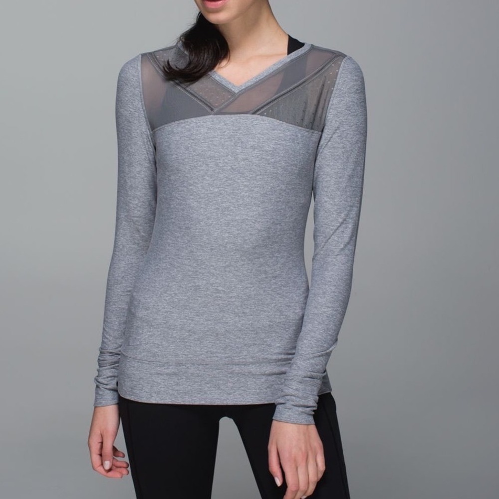 Lululemon Heathered Gray Mesh V-Neck Long Sleeve Running Yoga Top Thumbholes ff